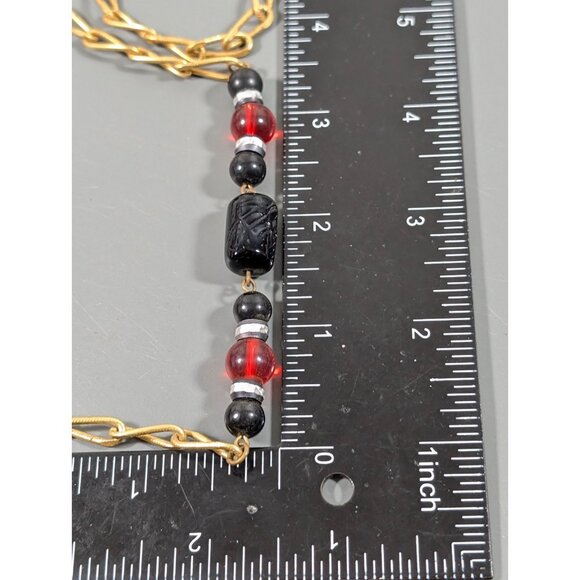 Cadoro Vintage Gold Tone Necklace Black Red Glass Lucite Long Opera Length 54" - Picture 9 of 9